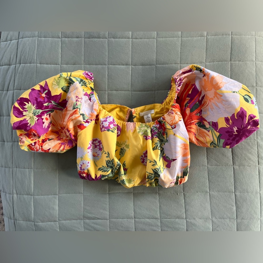 H&M Off The Shoulders Crop Top Floral Puff Sleeve Size Medium